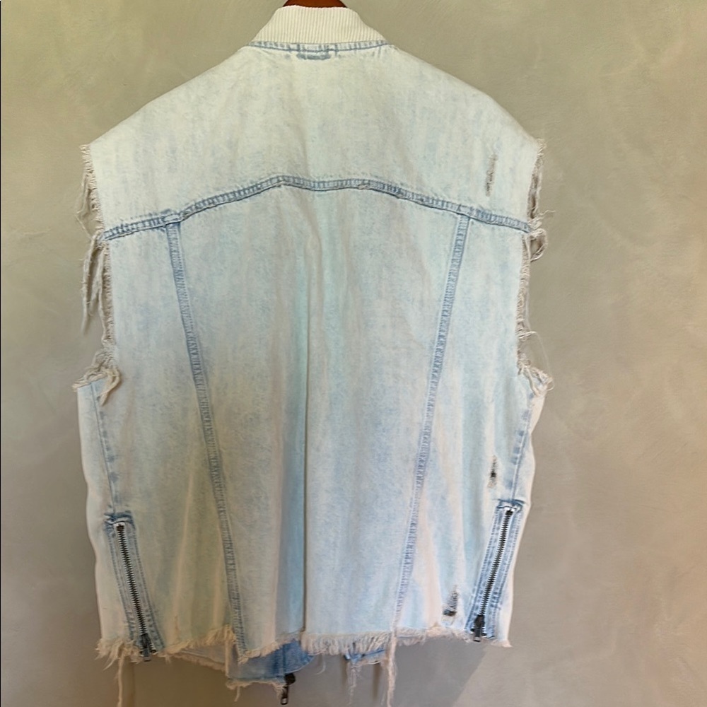 Free People Light Wash Denim Military-Style Sleeveless Vest with Braided Trim - Picture 3 of 4